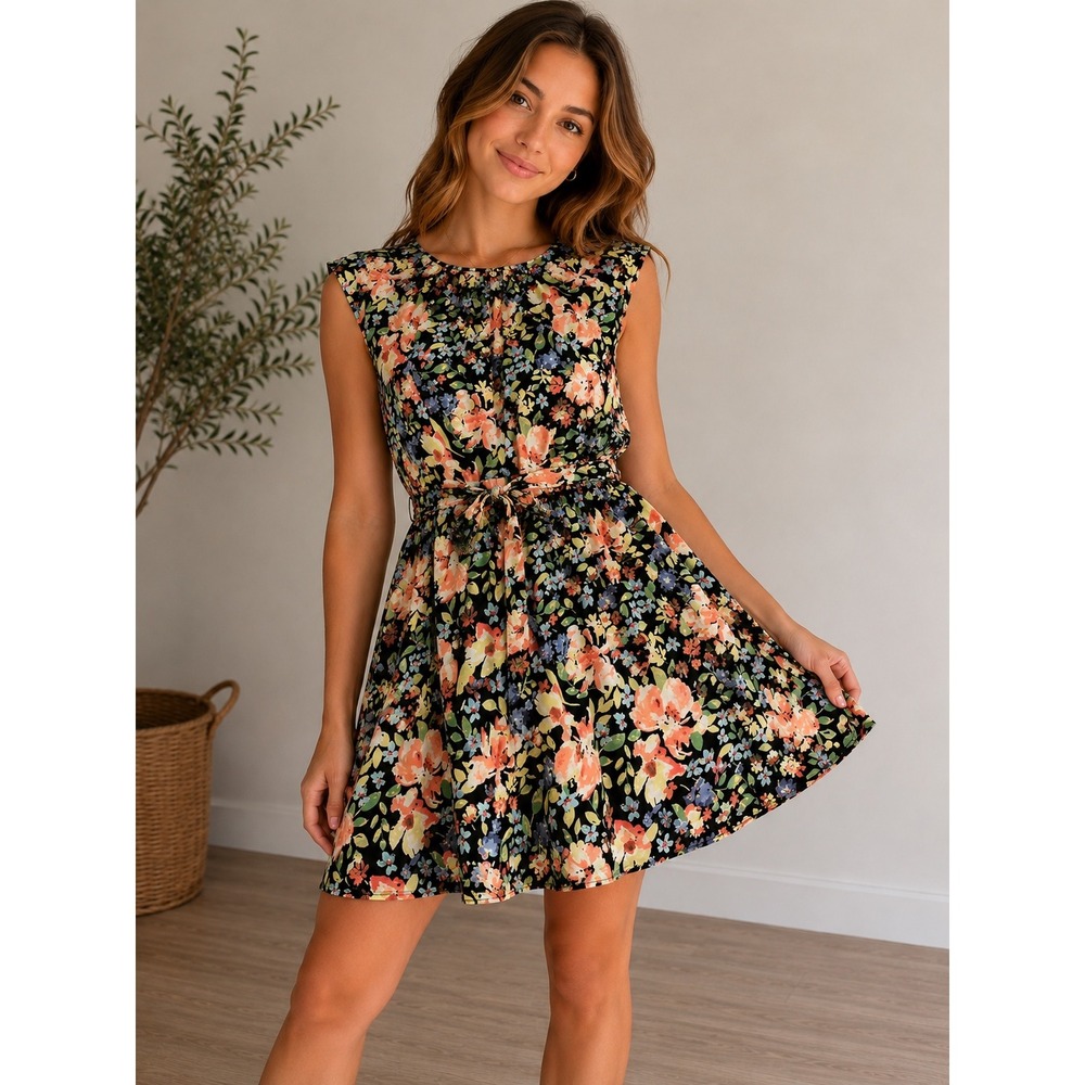 LC Lauren Conrad Womens‎ XL Floral Flutter Sleeve Tie Waist Dress Black Midi